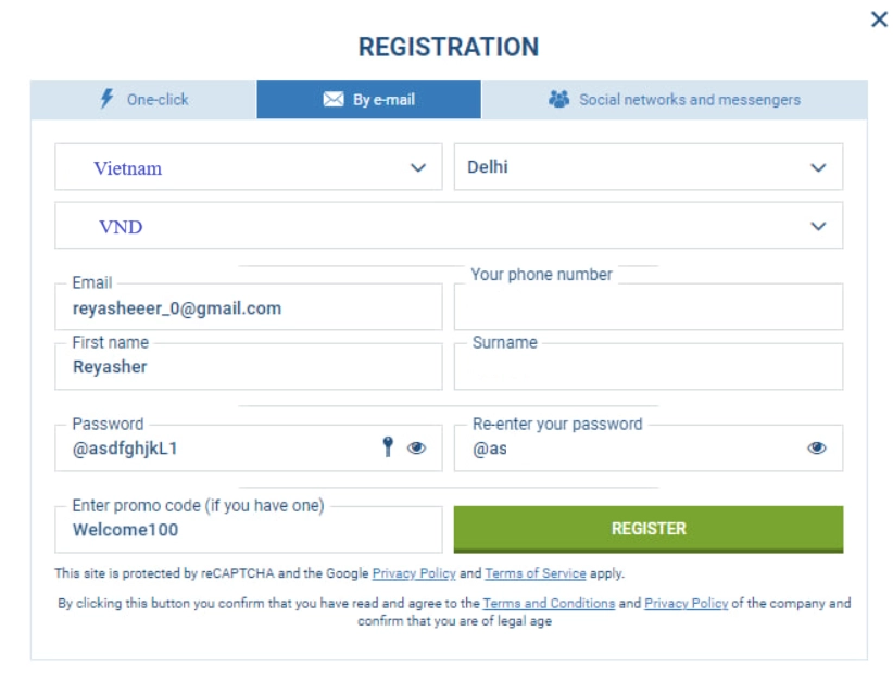 1xbet_Fill your email address, password, and other fundamental information