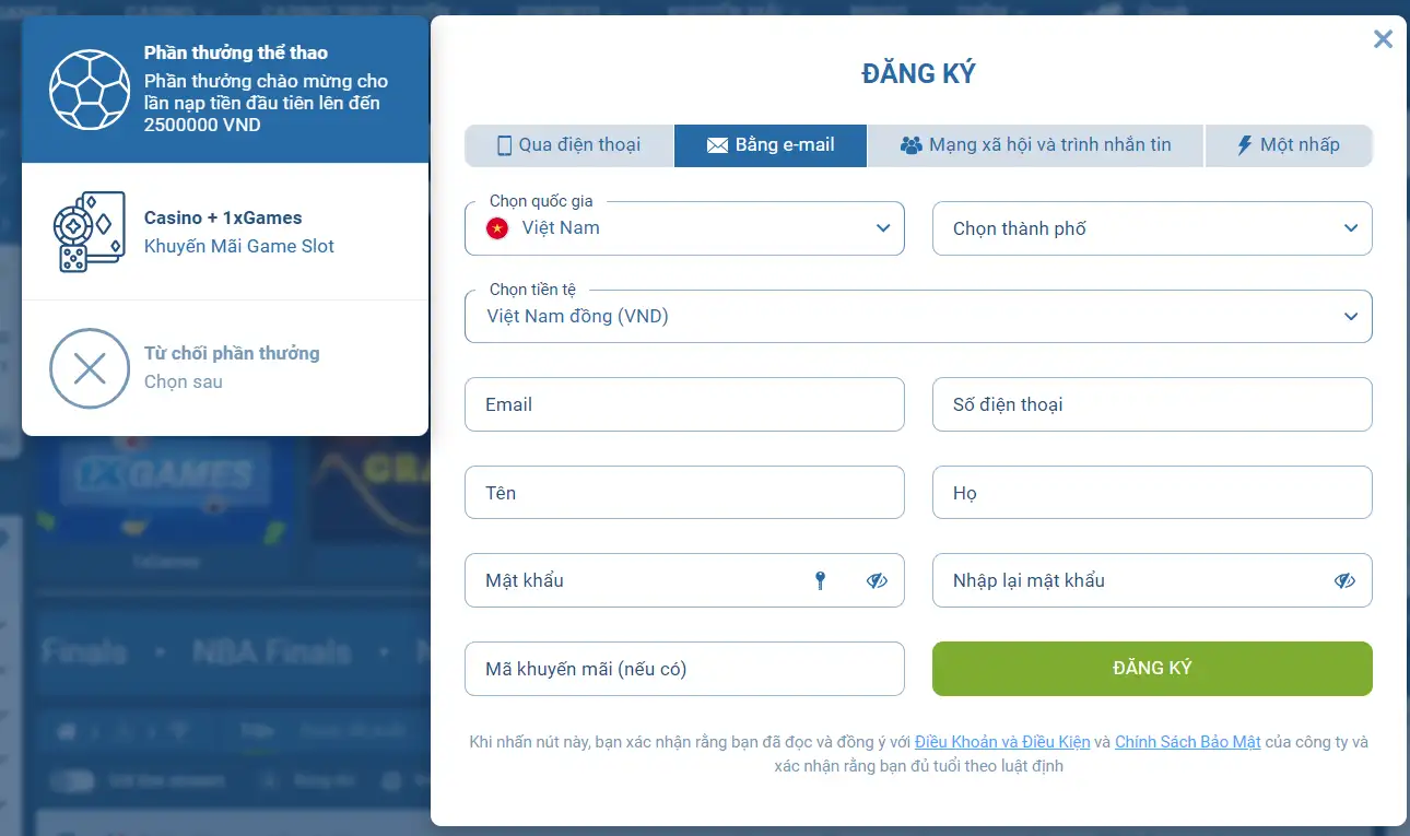 1xbet_Chọn Việt Nam và đơn vị tiền tệ VND